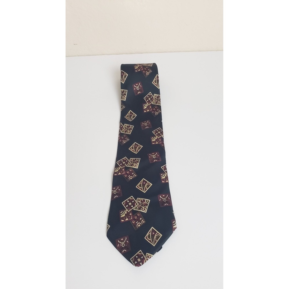 Claiborne Mens Silk Necktie Black Burgundy Tan Geometric Squares Italy Fabric